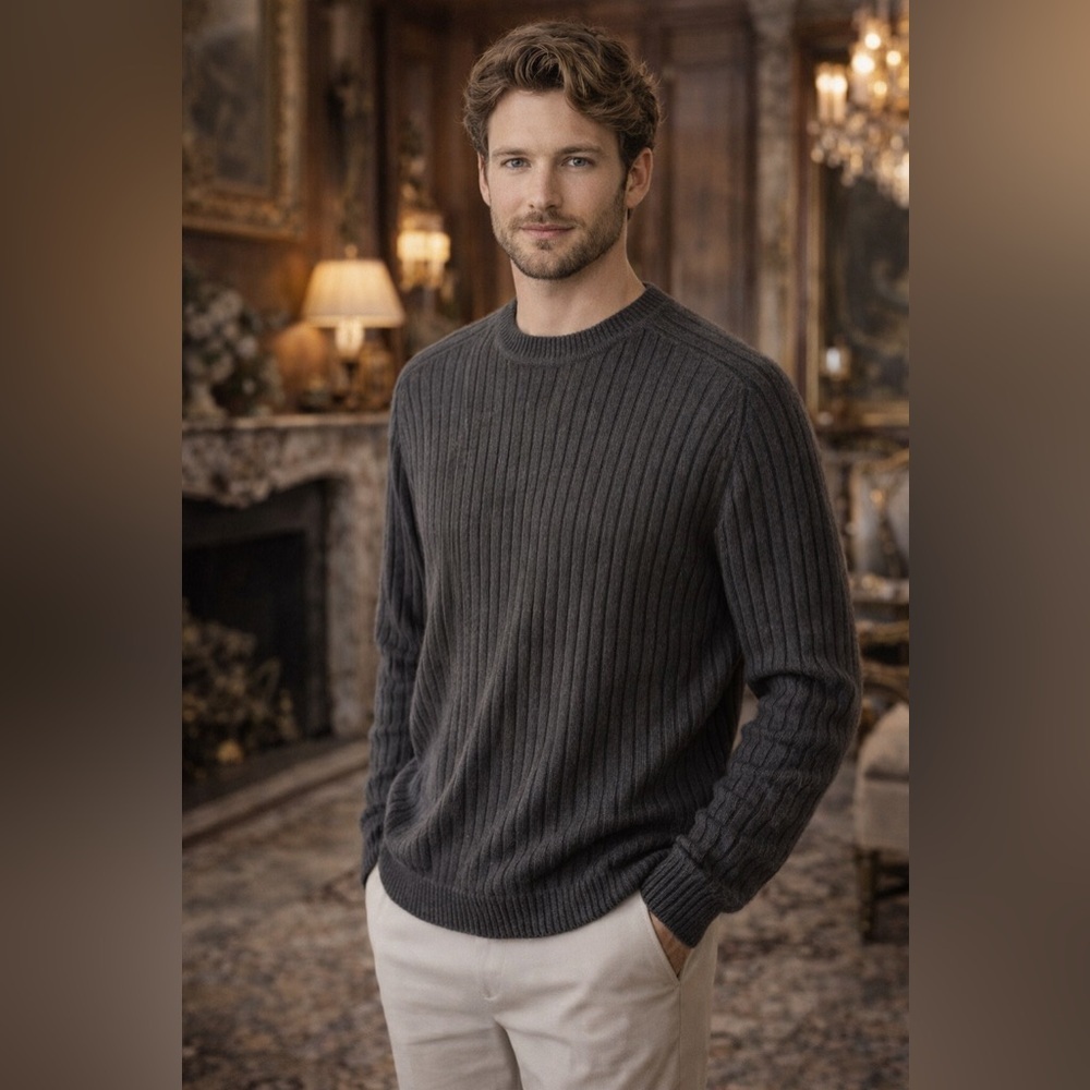 Oscar de la Renta Men’s Ribbed Knit Crewneck Sweater Gray Size M